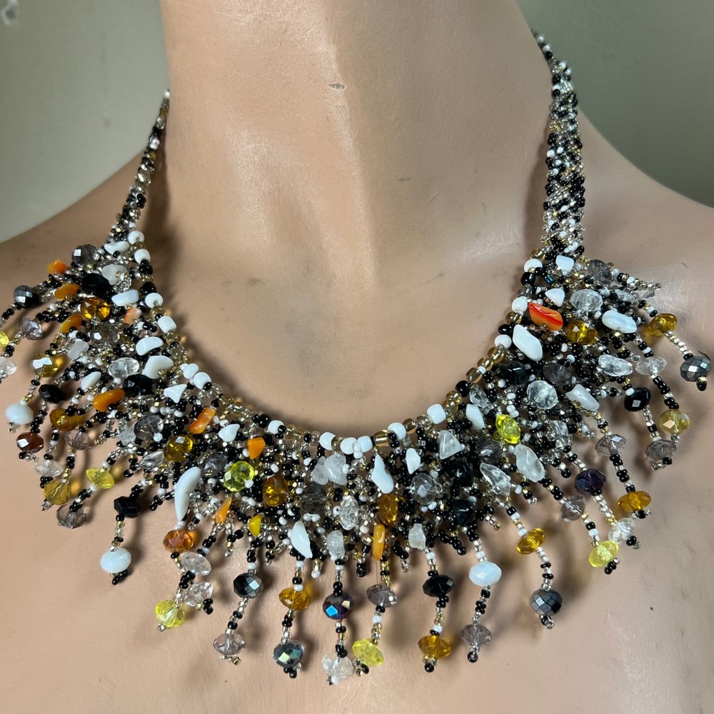 Handmade Beaded Fringe Statement Necklace 20 Inch Earthy‎ Multi Color Whimsical